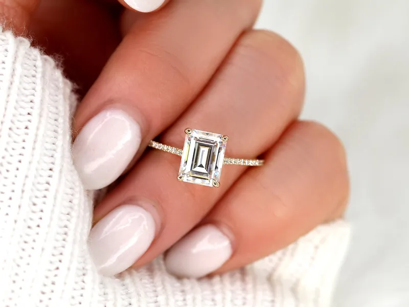 2.60ct Beverly 9x7mm 14kt Gold Moissanite Diamond Emerald Cut Solitaire Ring vy 4