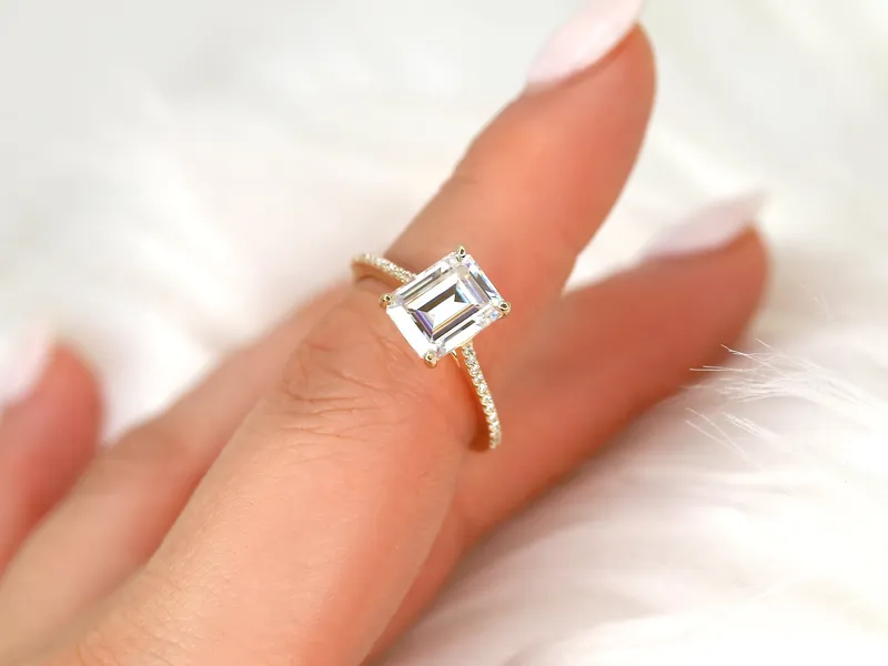 2.60ct Beverly 9x7mm 14kt Gold Moissanite Diamond Emerald Cut Solitaire Ring vy 3