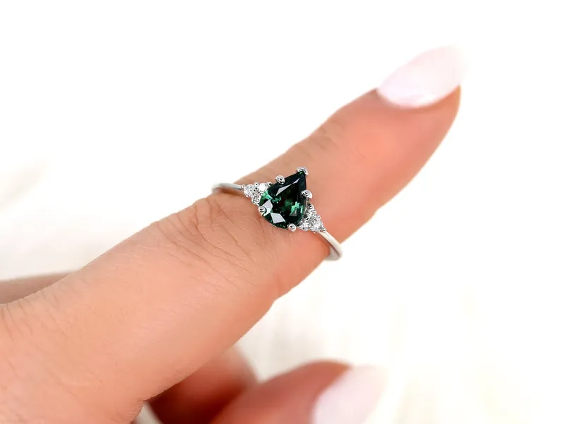 1.46ct Ready to Ship Juliet 14kt White Gold Teal Sapphire Diamond Art Deco Pear Cluster Ring vy 4
