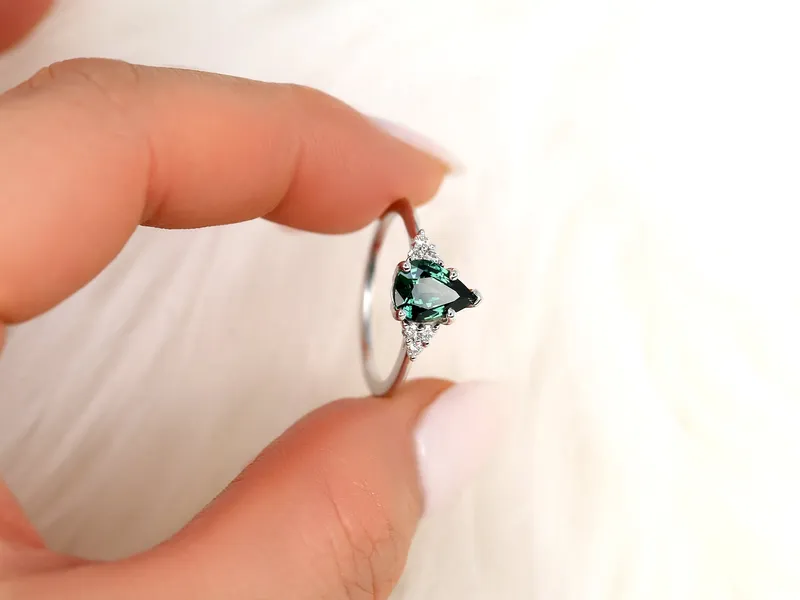 1.46ct Ready to Ship Juliet 14kt White Gold Teal Sapphire Diamond Art Deco Pear Cluster Ring vy 3