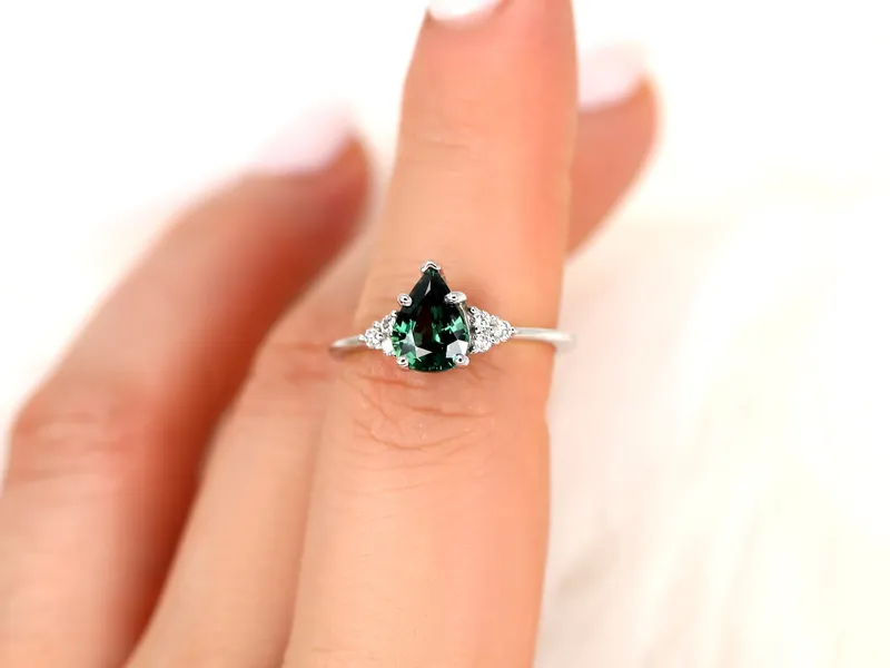 1.46ct Ready to Ship Juliet 14kt White Gold Teal Sapphire Diamond Art Deco Pear Cluster Ring vy 2