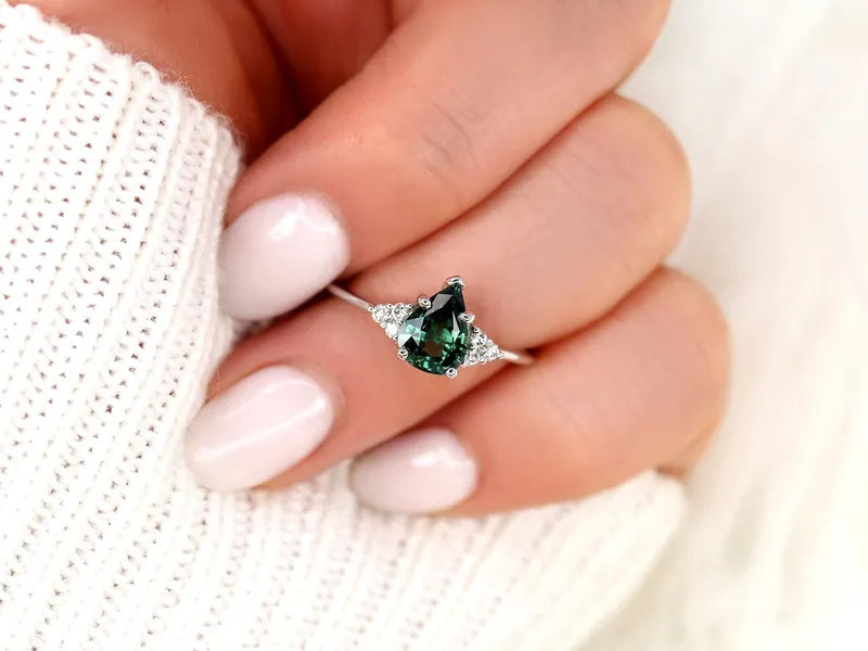 1.46ct Ready to Ship Juliet 14kt White Gold Teal Sapphire Diamond Art Deco Pear Cluster Ring vy 6