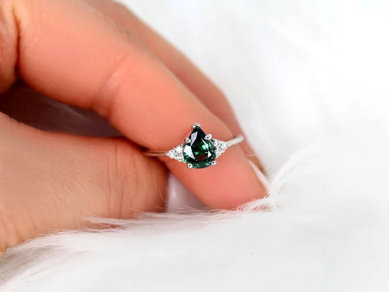 1.46ct Ready to Ship Juliet 14kt White Gold Teal Sapphire Diamond Art Deco Pear Cluster Ring green diamond pear cut engagement ring