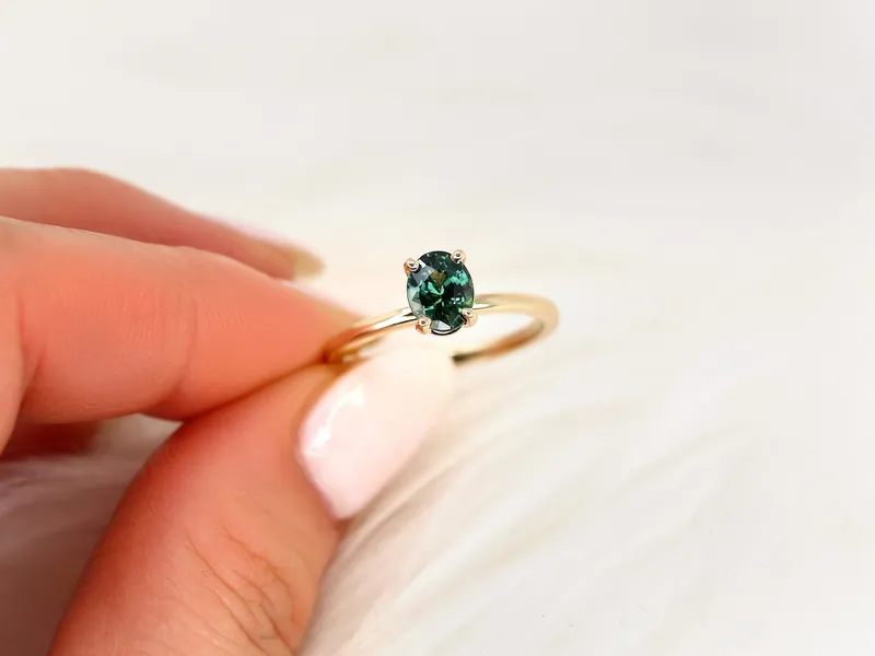 1.32ct Ready to Ship Dakota 14kt Gold Teal Sapphire Oval Solitaire Ring vy 6