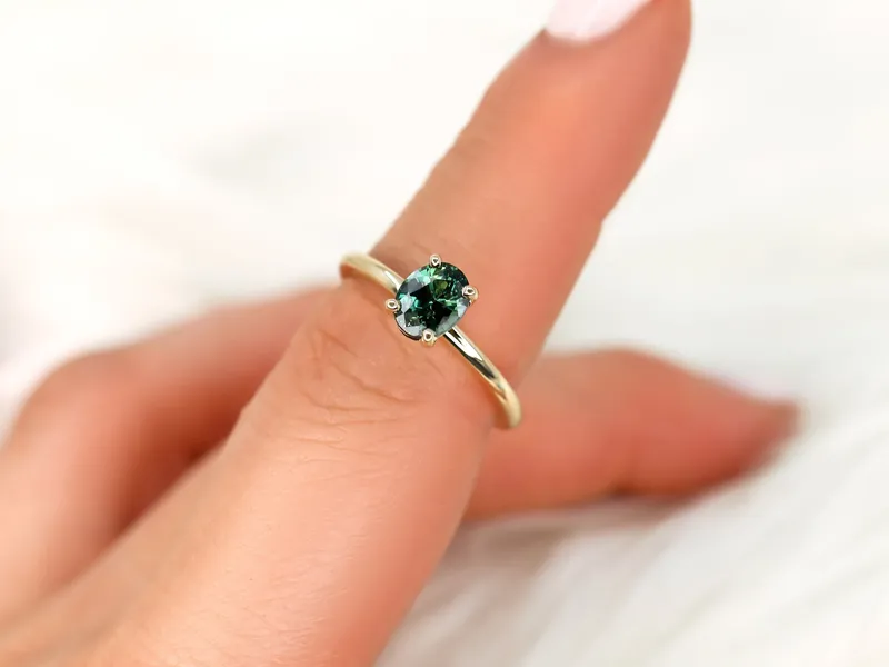 1.32ct Ready to Ship Dakota 14kt Gold Teal Sapphire Oval Solitaire Ring vy 4