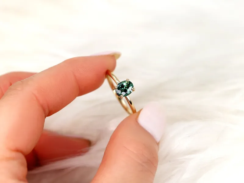 1.32ct Ready to Ship Dakota 14kt Gold Teal Sapphire Oval Solitaire Ring vy 2