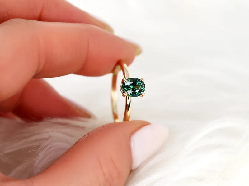 1.32ct Ready to Ship Dakota 14kt Gold Teal Sapphire Oval Solitaire Ring vy 3