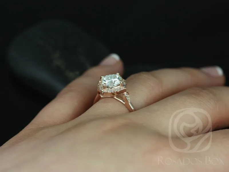 1.70ct Lily 7mm 14kt Rose Gold Moissanite Diamond WITHOUT Milgrain Art Deco Kite Set Cushion Halo Engagement Ring,Unique Ring vy 6