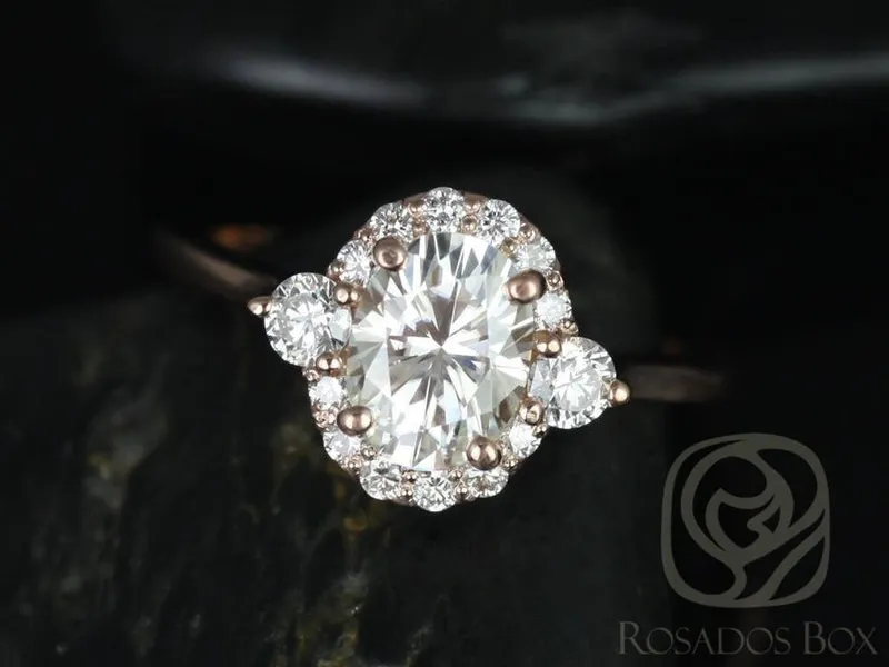 1.50ct Ready to Ship Britney 8x6mm 14kt YELLOW Gold Moissanite Diamond Unique Three Stone Oval Halo Ring vy 5