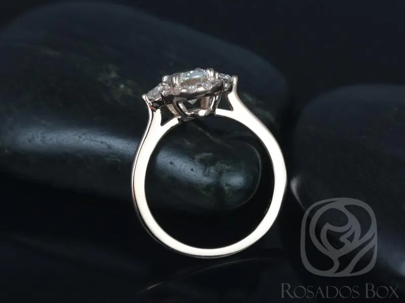 1.50ct Ready to Ship Britney 8x6mm 14kt YELLOW Gold Moissanite Diamond Unique Three Stone Oval Halo Ring vy 6
