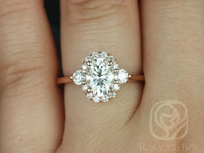 1.50ct Ready to Ship Britney 8x6mm 14kt YELLOW Gold Moissanite Diamond Unique Three Stone Oval Halo Ring vy 7