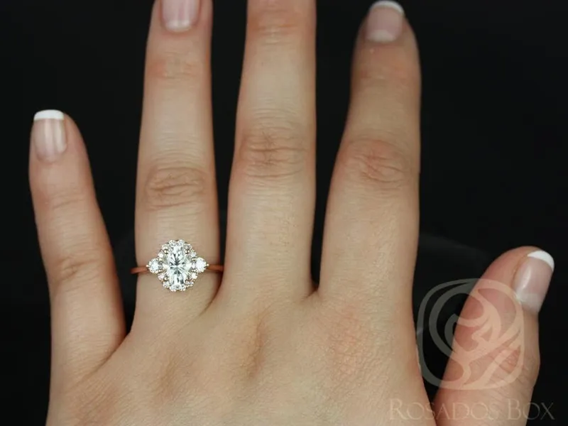 1.50ct Ready to Ship Britney 8x6mm 14kt YELLOW Gold Moissanite Diamond Unique Three Stone Oval Halo Ring vy 8