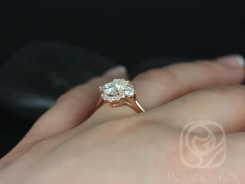 1.50ct Ready to Ship Britney 8x6mm 14kt YELLOW Gold Moissanite Diamond Unique Three Stone Oval Halo Ring vy 9