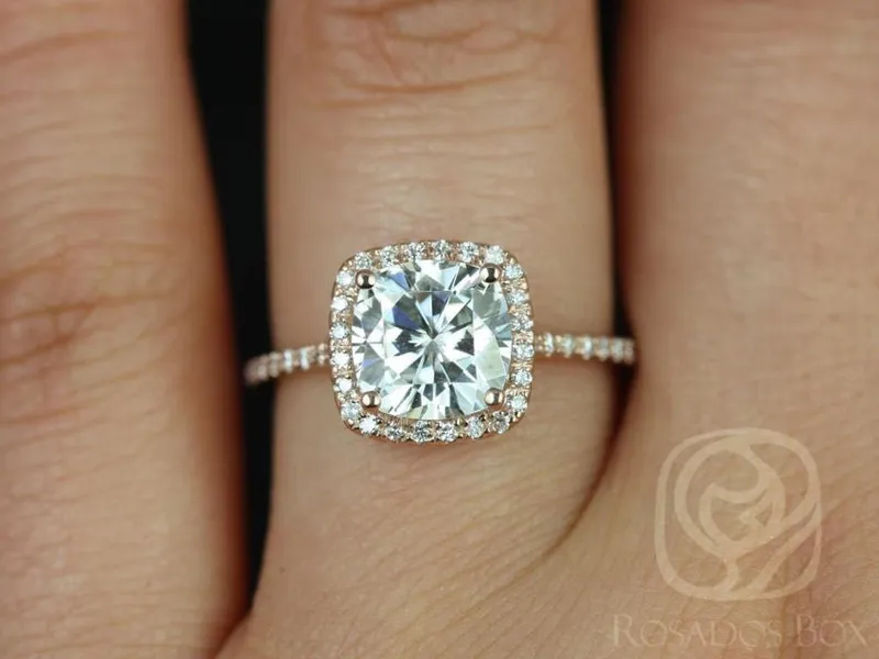 2ct Catalina 7.5mm 14kt Rose Gold Moissanite Diamond Dainty Minimalist Cushion Halo Ring view 3