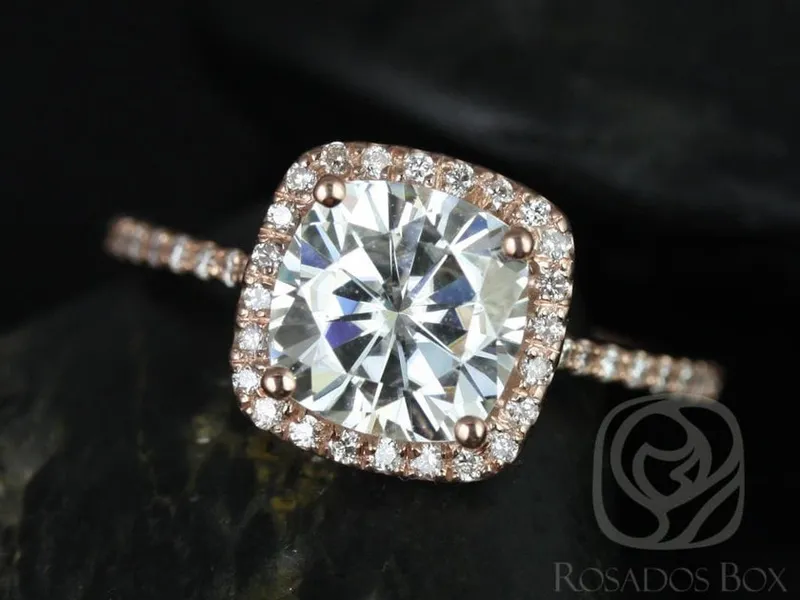 2ct Catalina 7.5mm 14kt Rose Gold Moissanite Diamond Dainty Minimalist Cushion Halo Ring view 6
