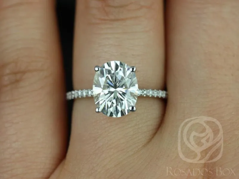 3ct Darcy 10x8mm 14kt Gold NEO Moissanite Diamond Dainty Pave Oval Solitaire Ring vy 8