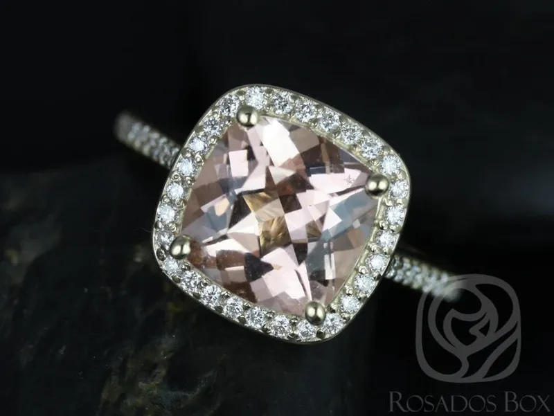 Ready to Ship Hollie 9mm 14kt WHITE Gold Cushion Morganite and Diamonds Halo Engagement Ring cushion cut engagement ring
