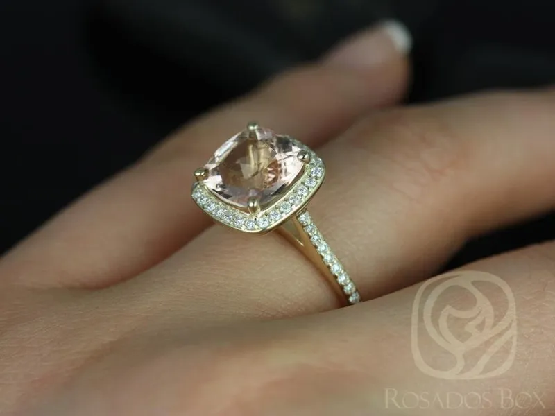 Ready to Ship Hollie 9mm 14kt WHITE Gold Cushion Morganite and Diamonds Halo Engagement Ring view 4
