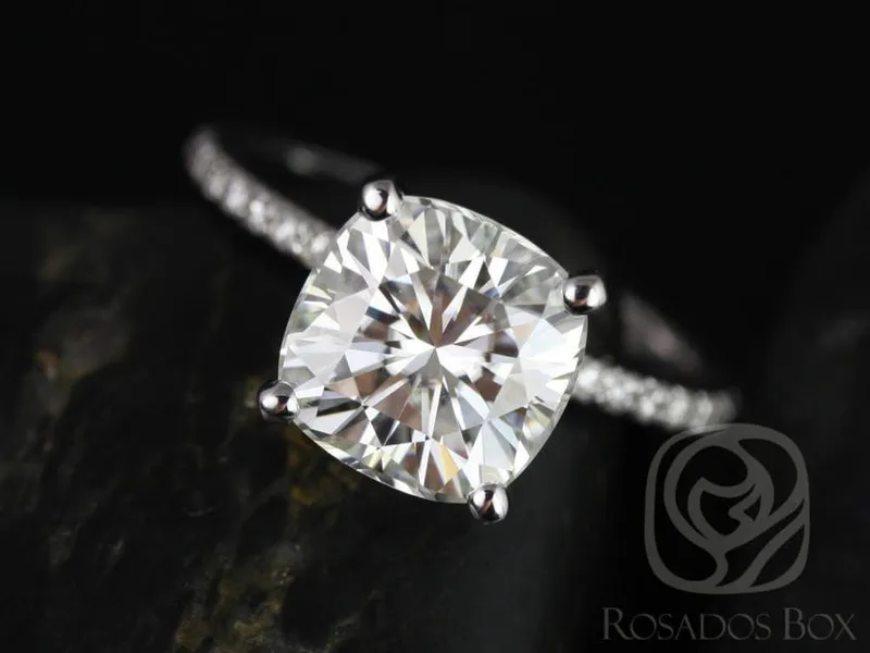 3.30ct Heidi 9mm 14kt White Gold Moissanite Diamond Basket Cushion Solitaire Ring vy 4