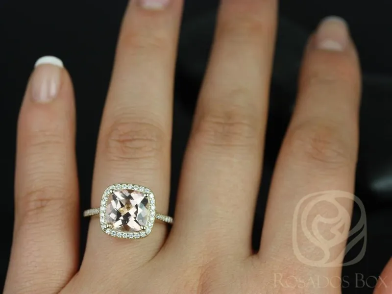 Ready to Ship Hollie 9mm 14kt WHITE Gold Cushion Morganite and Diamonds Halo Engagement Ring view 3