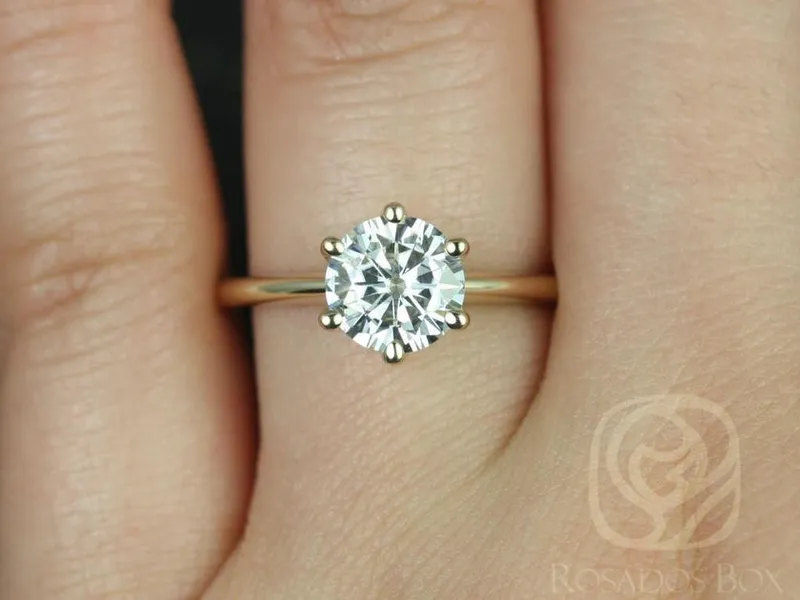 1.50ct Skinny Webster 7.5mm 14kt Gold Moissanite Six Prong Round Solitaire Ring round cut engagement ring