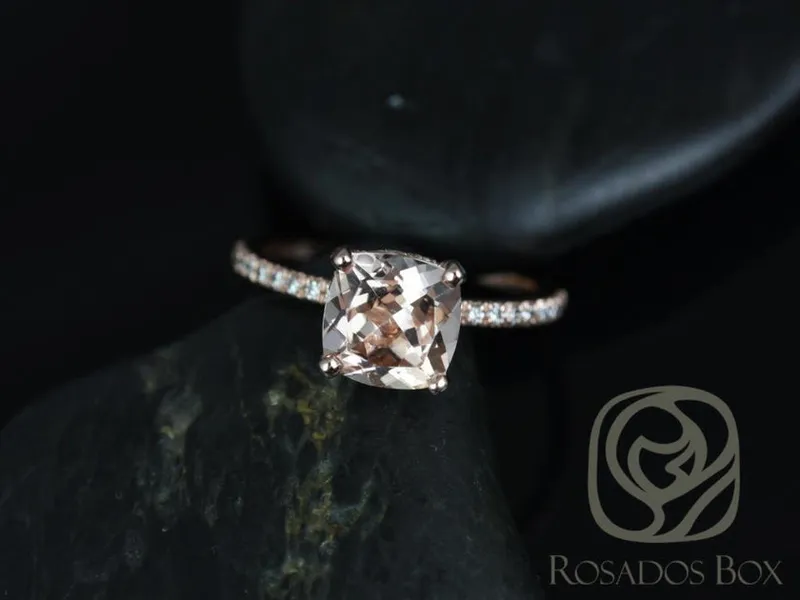 Ready to Ship Heidi 8mm 14kt Rose Gold Morganite Diamond Basket Cushion Solitaire Ring view 4
