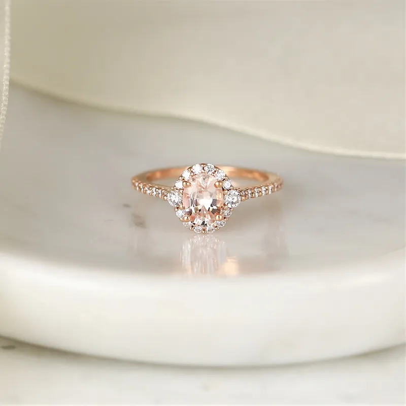 1.29cts Ready to Ship Bridgette 14kt Rose Gold Peach Sapphire Diamond Unique Halo Ring vy 5