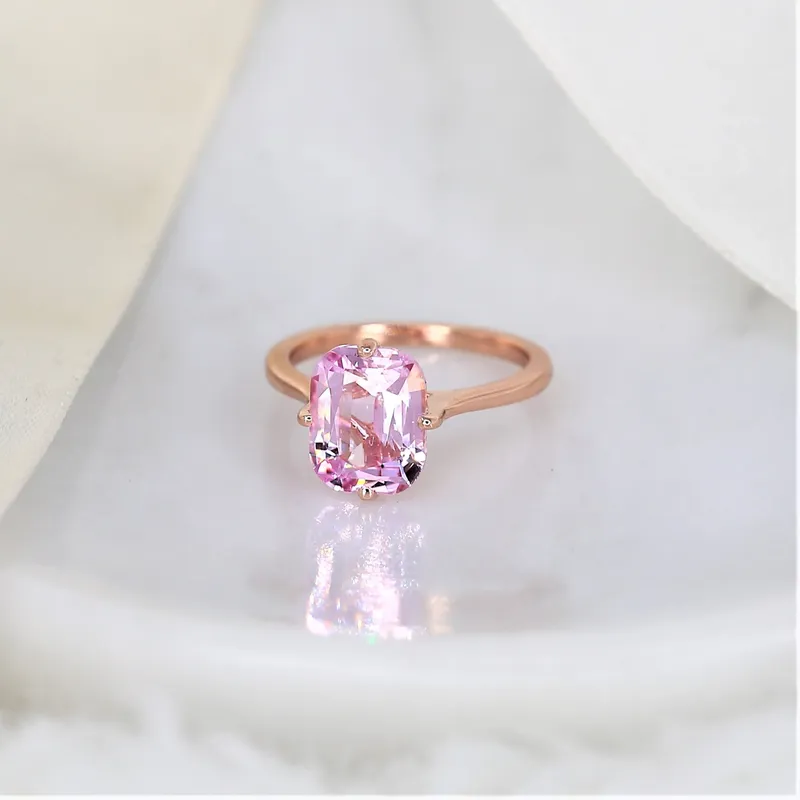 3.77ct Extra Low Roux 14kt Rose Gold Pink Spinel Compass Set Emerald Solitaire Ring vy 6