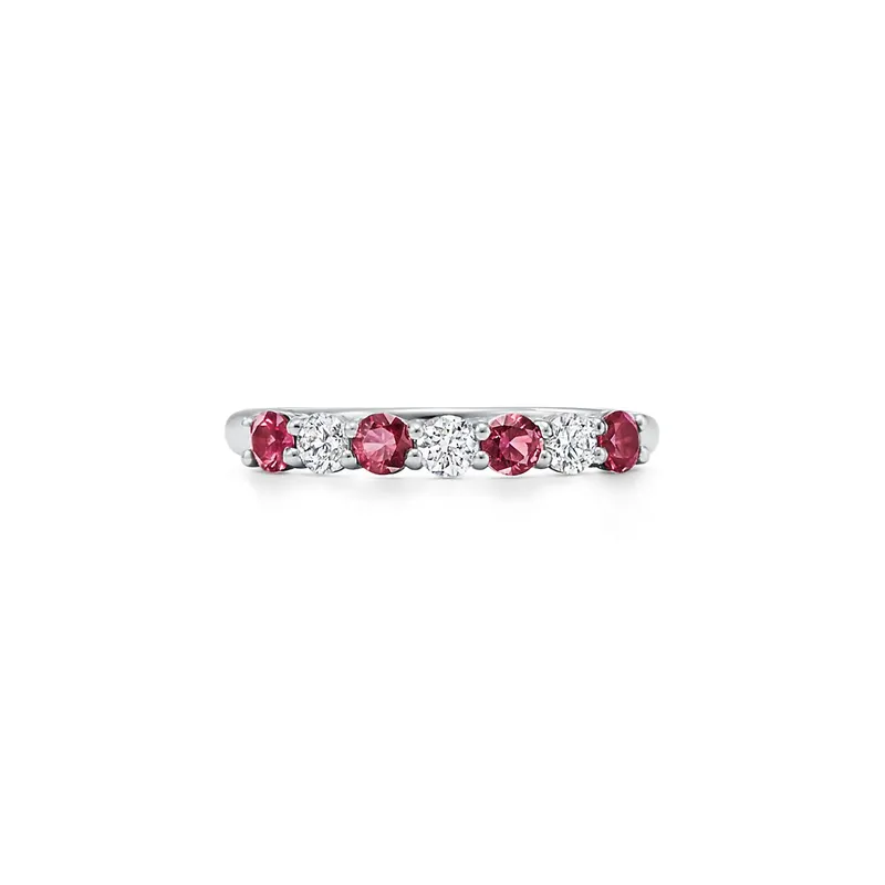 Tiffany Forever Band Ring in Platinum with a Half-circle of Rubies & Diamonds round cut engagement ring in platinum