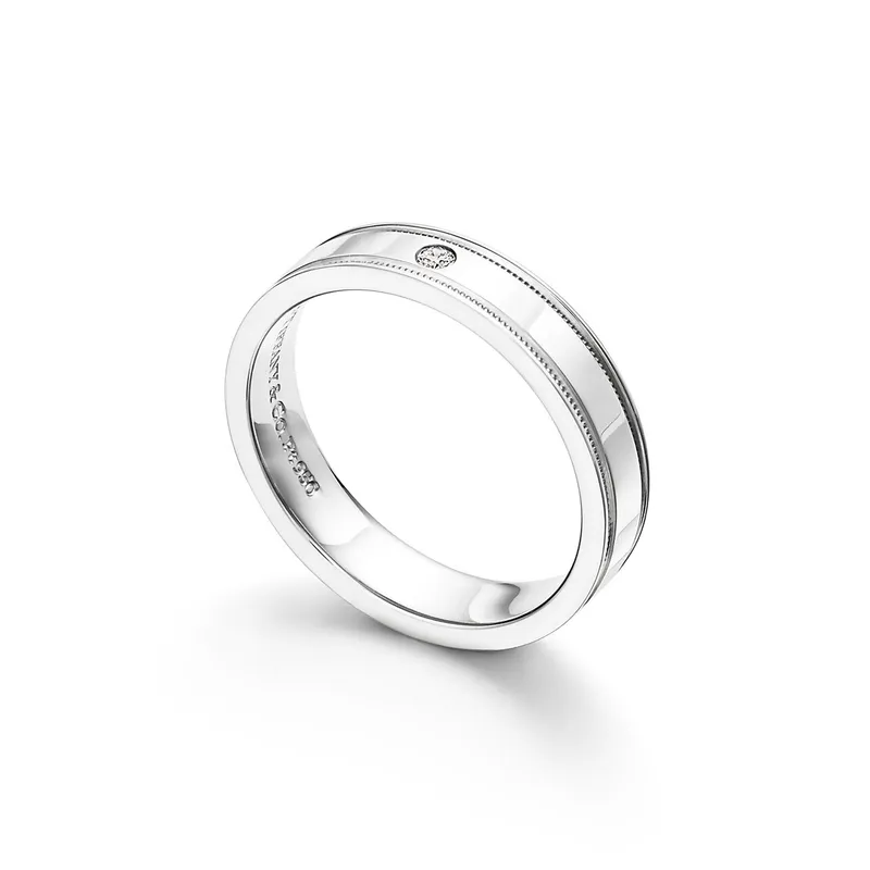 Tiffany Together Double Milgrain Band Ring in Platinum with a Diamond, 4 mm Wide view 4