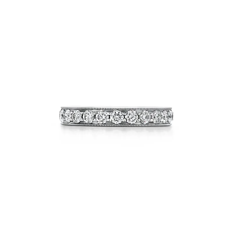 Tiffany Together Milgrain Band Ring in Platinum with Diamonds, 3.2mm Wide round cut engagement ring in platinum