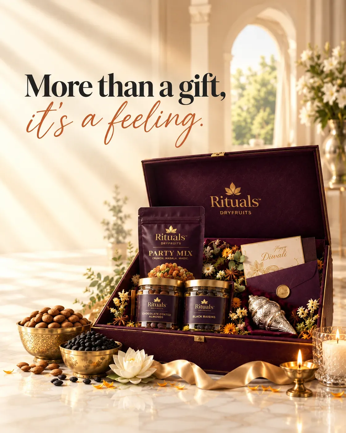 Rituals premium dry fruit gifting box, open, with jars, gold ribbon and a gift card