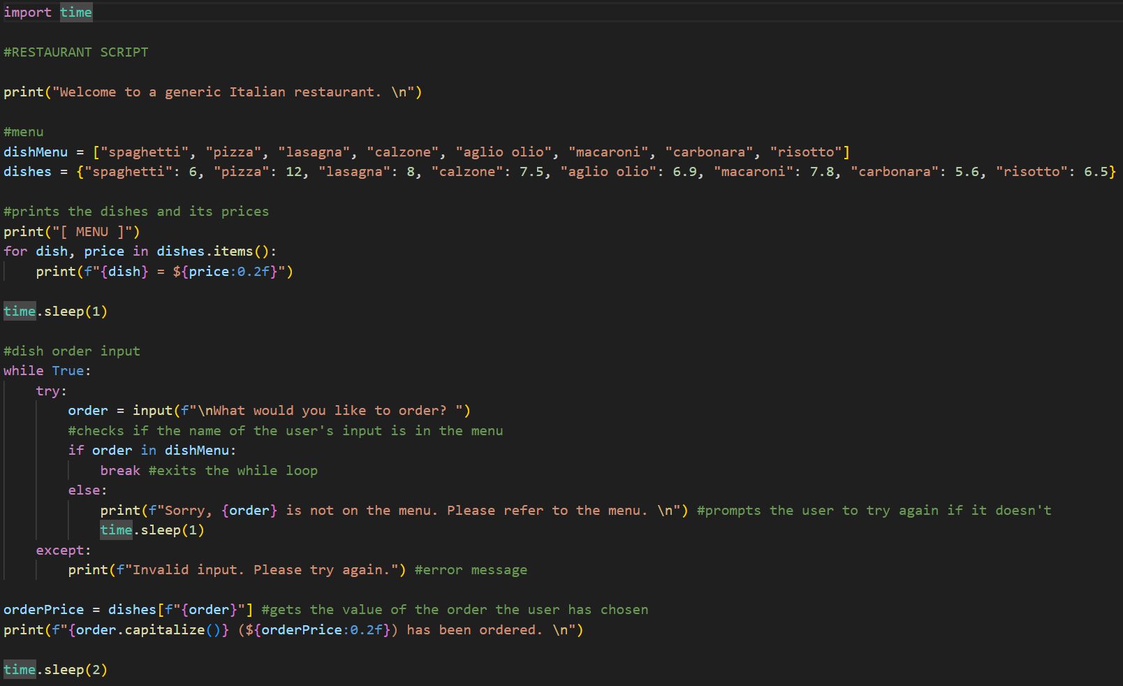 My Python restaurant script