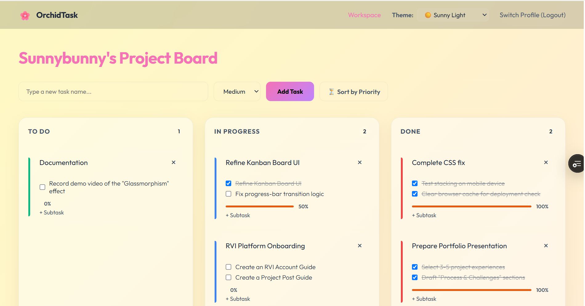 My latest project: Orchid Task
 Designing a responsive project board using native CSS Grid and Vue.js.