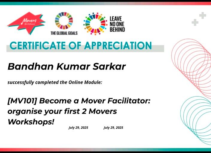 🎉 Proud to complete the [MV101] Become a Mover Facilitator online module and take the next step in empowering youth through the Movers Programme and the Global Goals – Leave No One Behind!