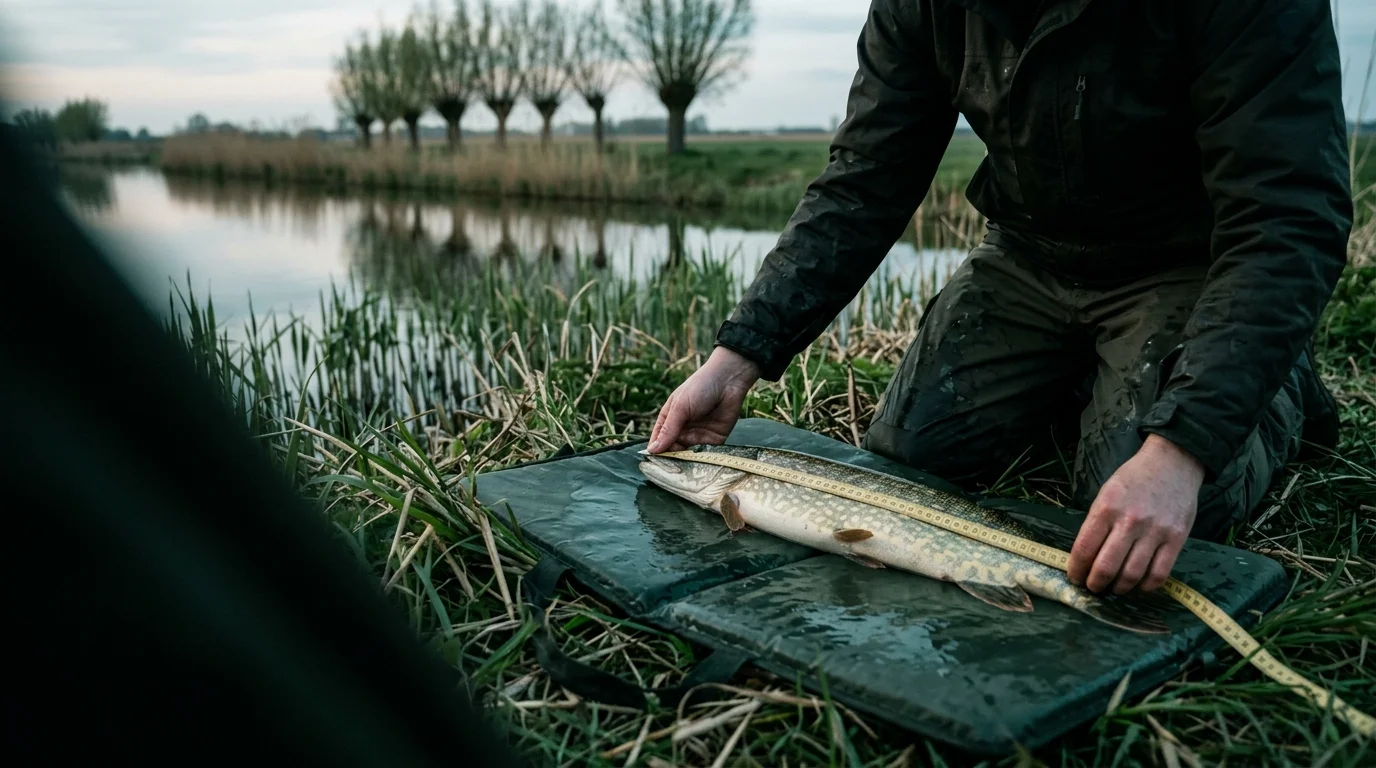 Twee natte handen meten een snoek op een onthaakmat aan een rietoever in het avondlicht