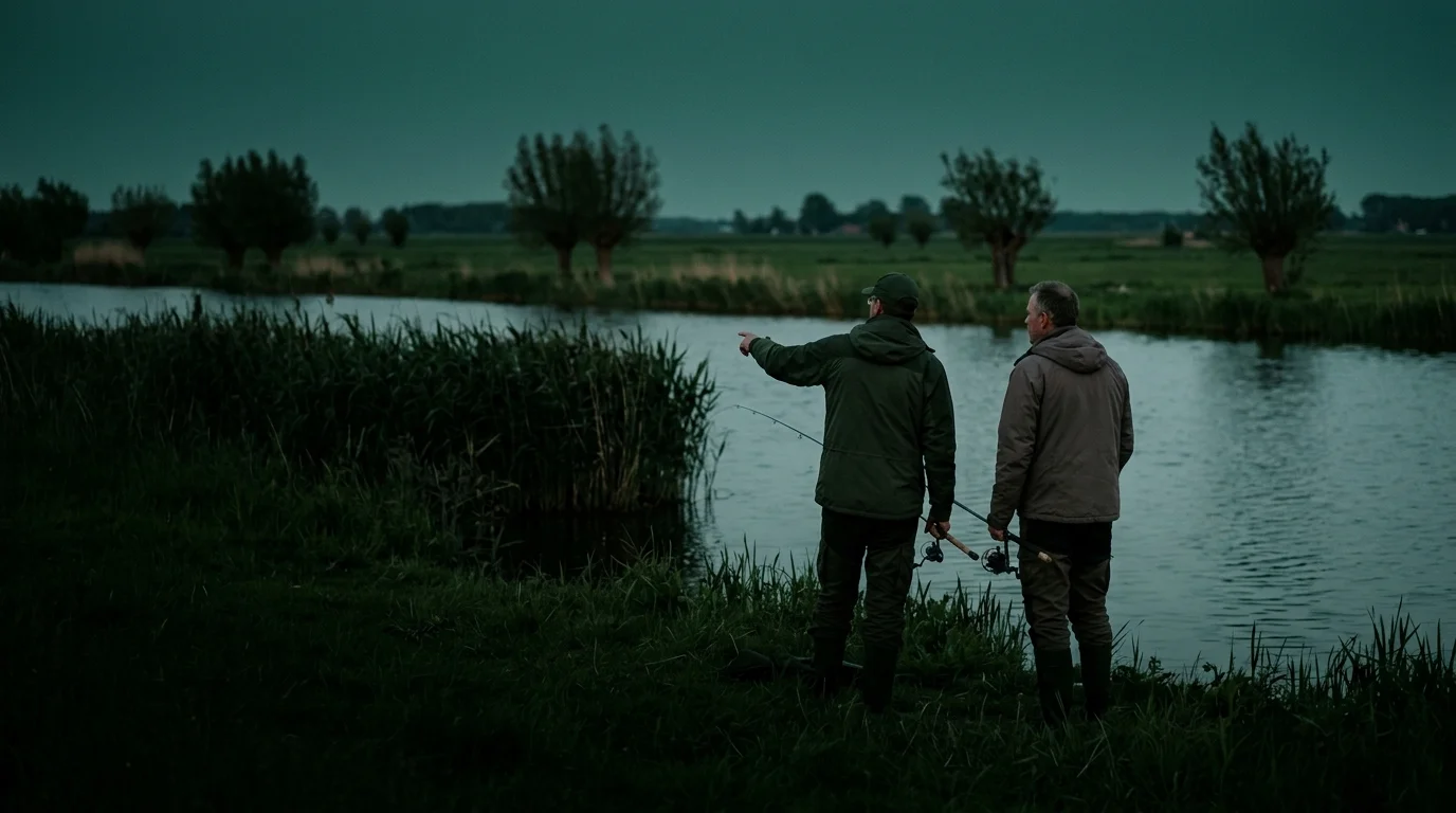 Twee vissers staan aan een Nederlands kanaal, één wijst naar een opening in de rietkraag.