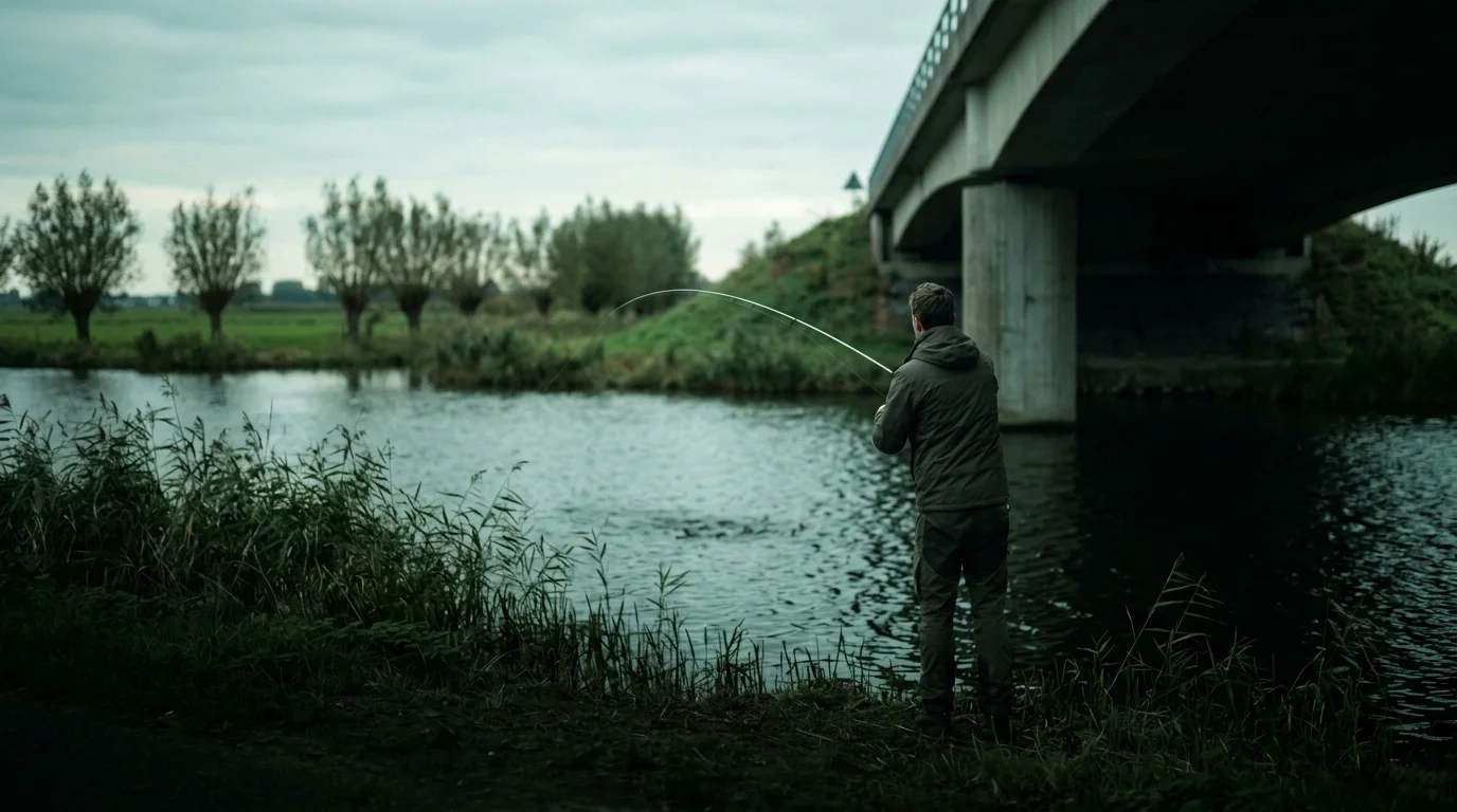 Een visser werpt vanaf een Nederlandse kanaaloever langs een brugpijler, met riet en knotwilgen op de achtergrond.