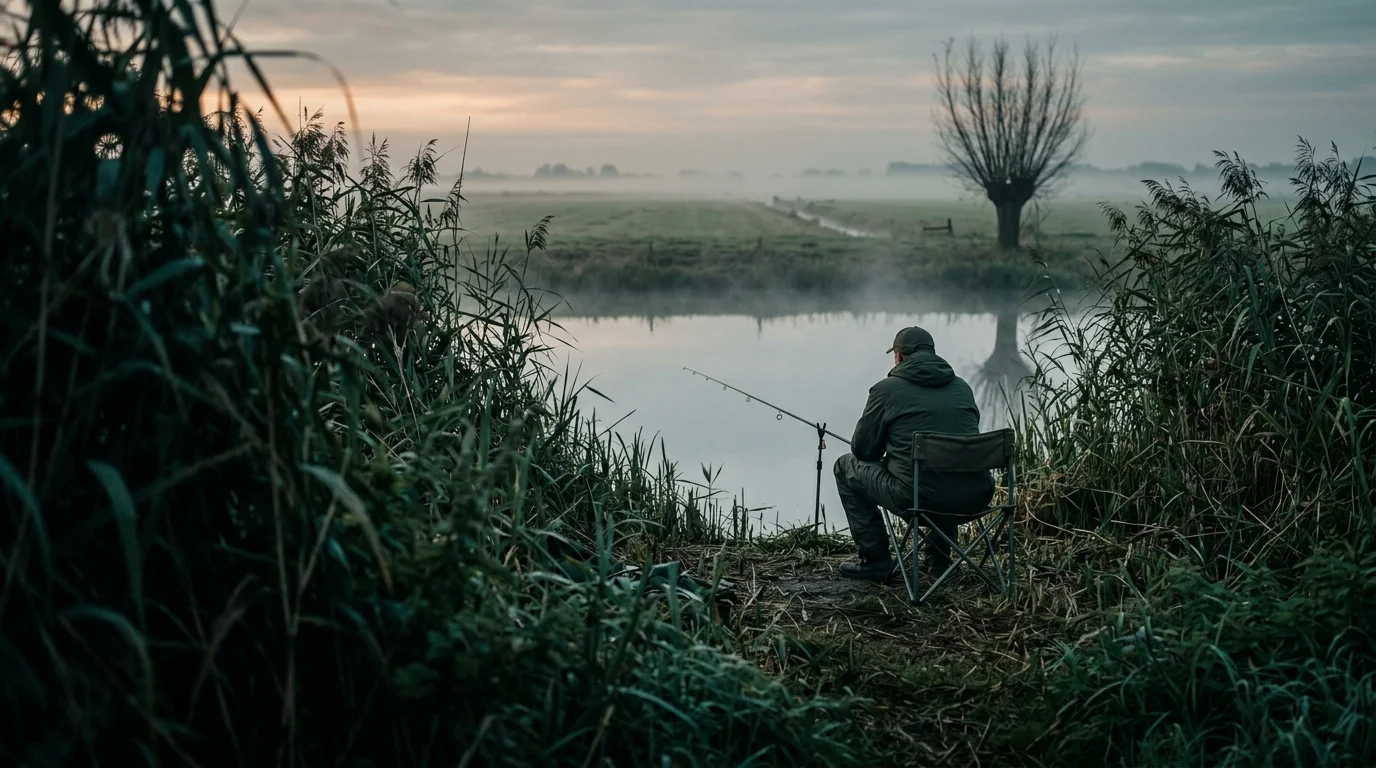 Een visser zit alleen tussen het riet aan een stille poldersloot in de ochtendmist