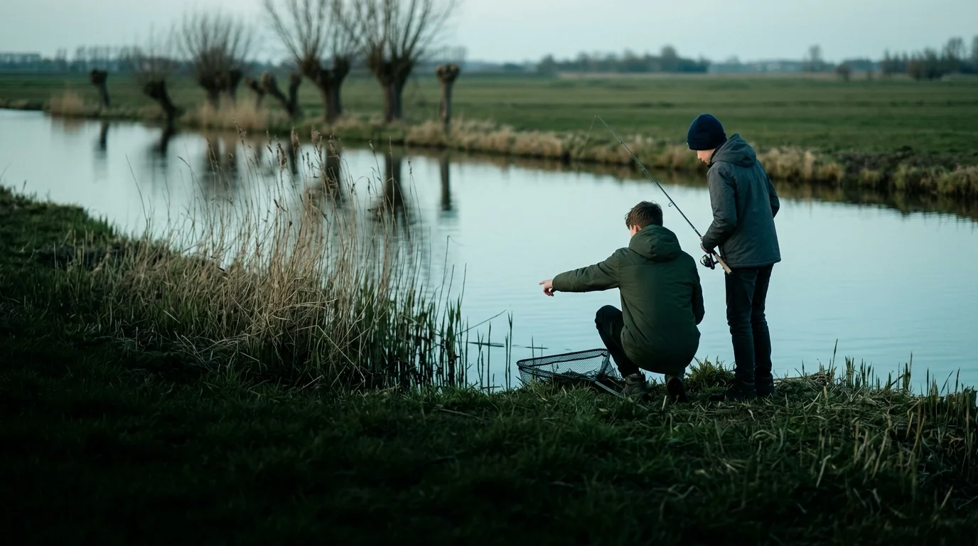 Twee jonge vissers bij een Nederlandse kanaaloever, een van hen wijst naar het water langs het riet.