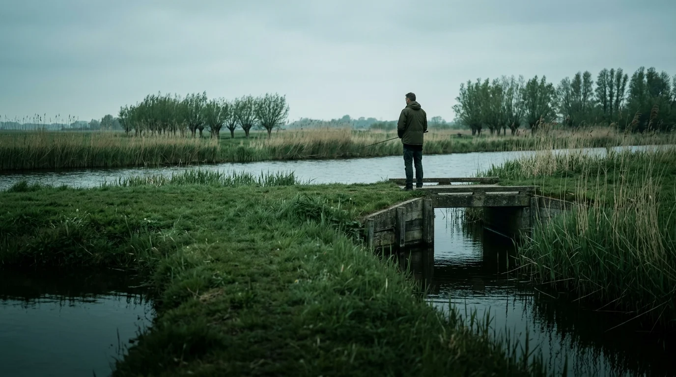 Een visser bekijkt vanaf een vlakke kanaaloever een brug en een zijtak voordat hij gaat werpen.