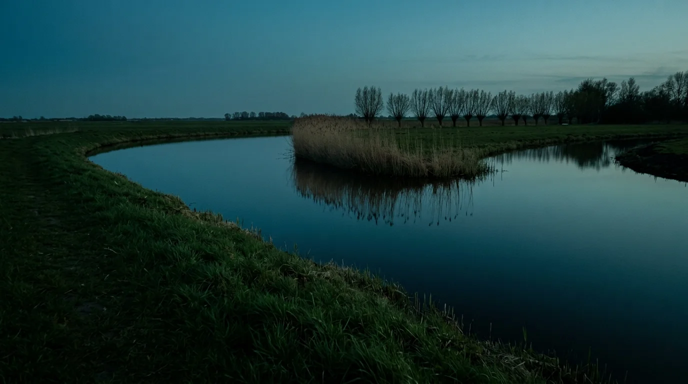 Een stille bocht in een Nederlands kanaal met een rietpunt en een smalle inham in het avondlicht.