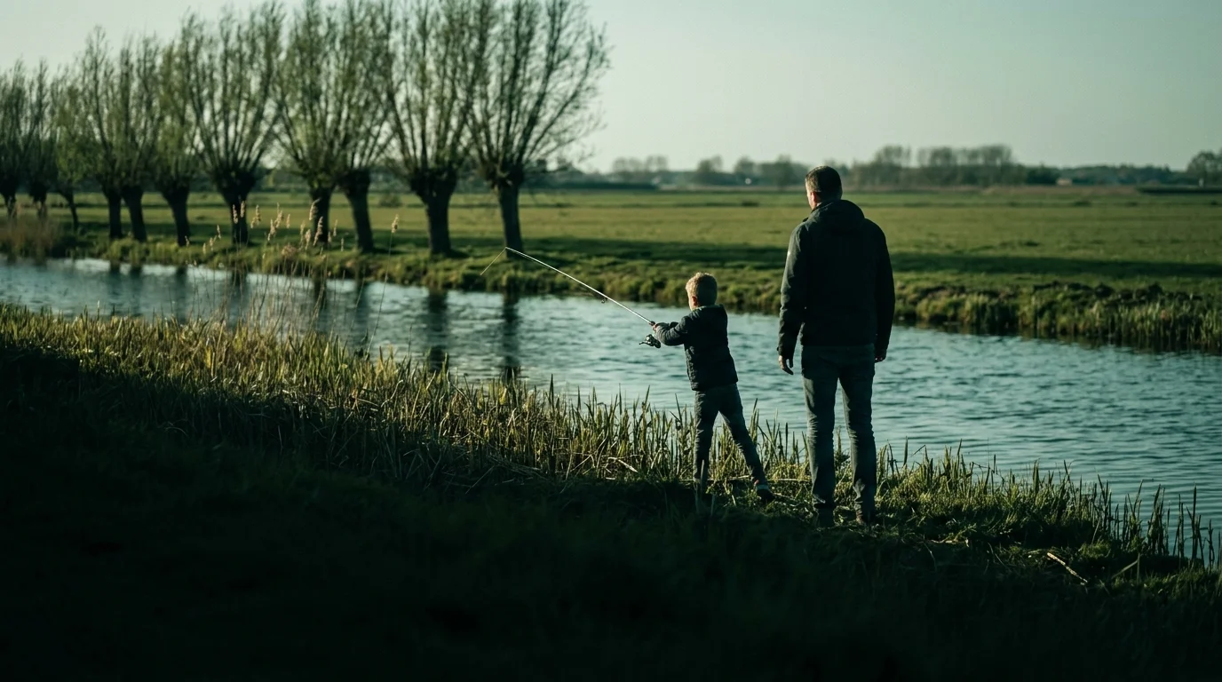 Een volwassene en een kind vissen samen op een Nederlandse kanaaloever in het avondlicht