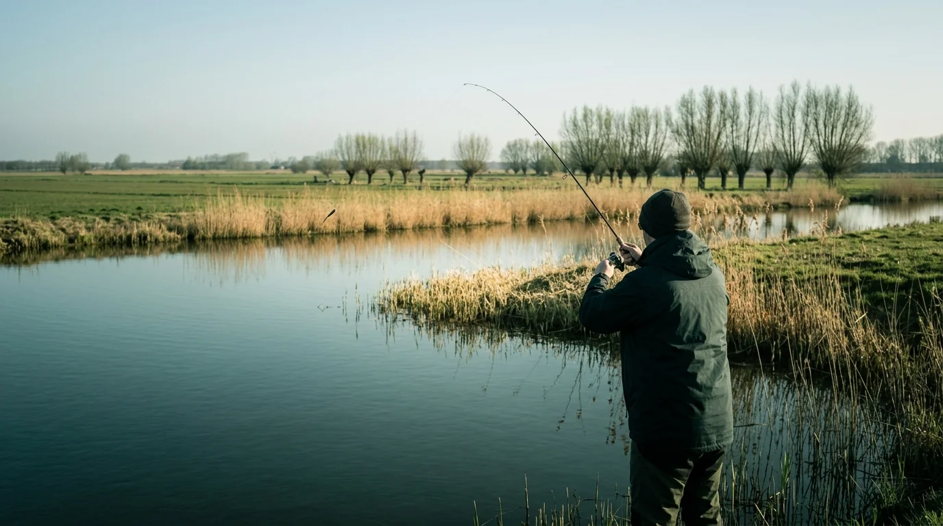 Een visser werpt zijn hengel naar een zonnige rietrand langs een Nederlands kanaal in de vroege ochtend.