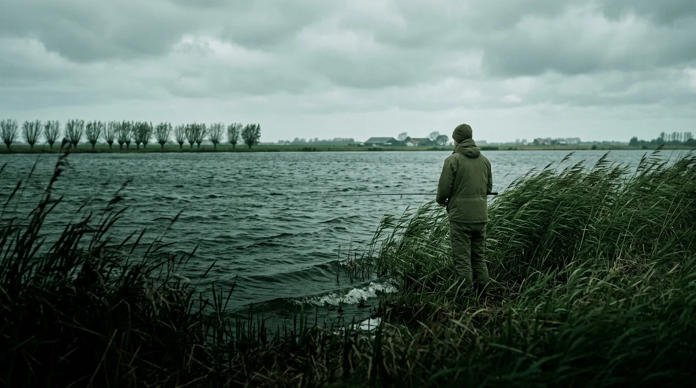 Een visser op de rietoever van een polderplas, met de wind in het gezicht en golfjes die tegen de kant slaan
