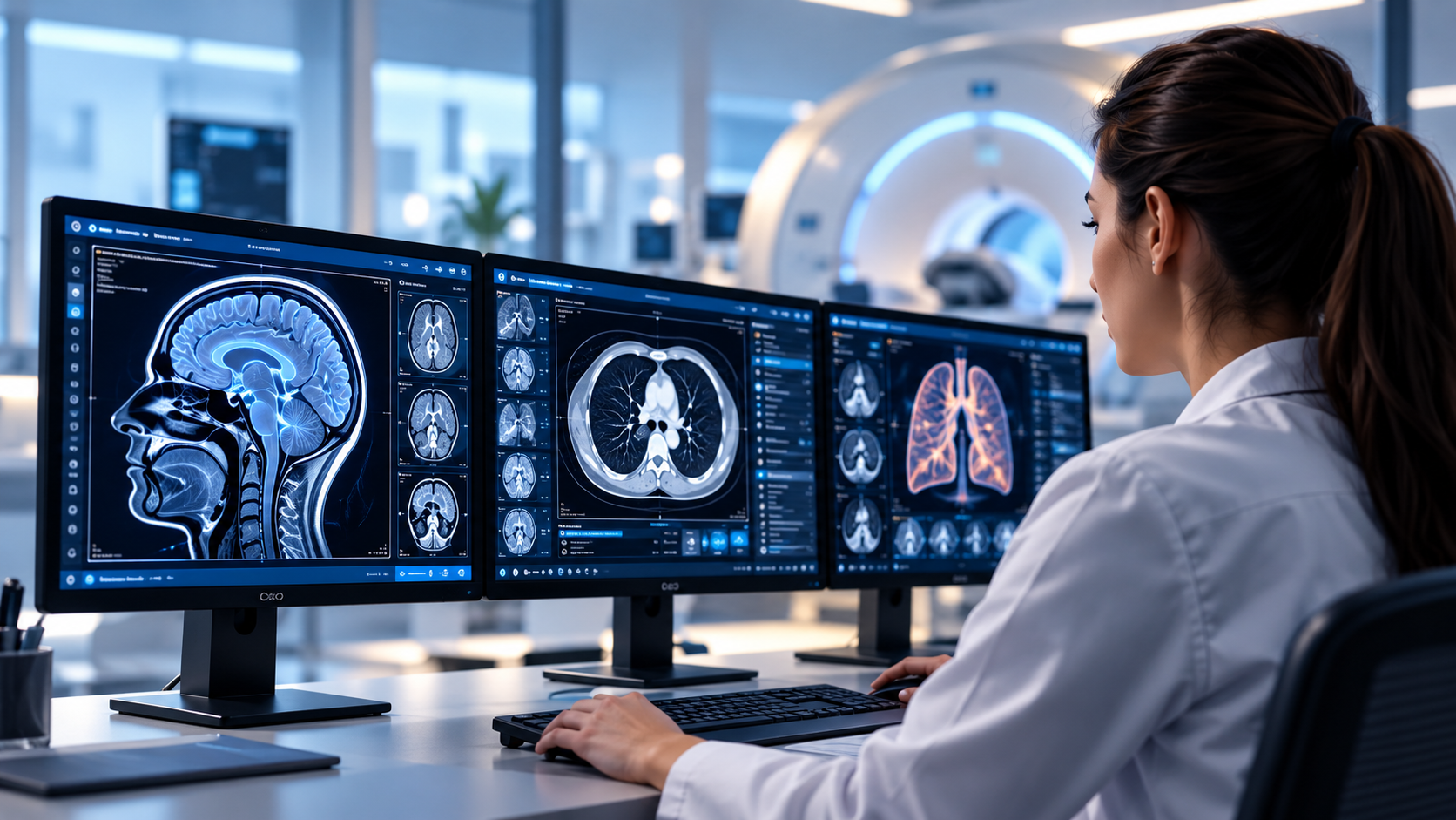 Médica analisando exames