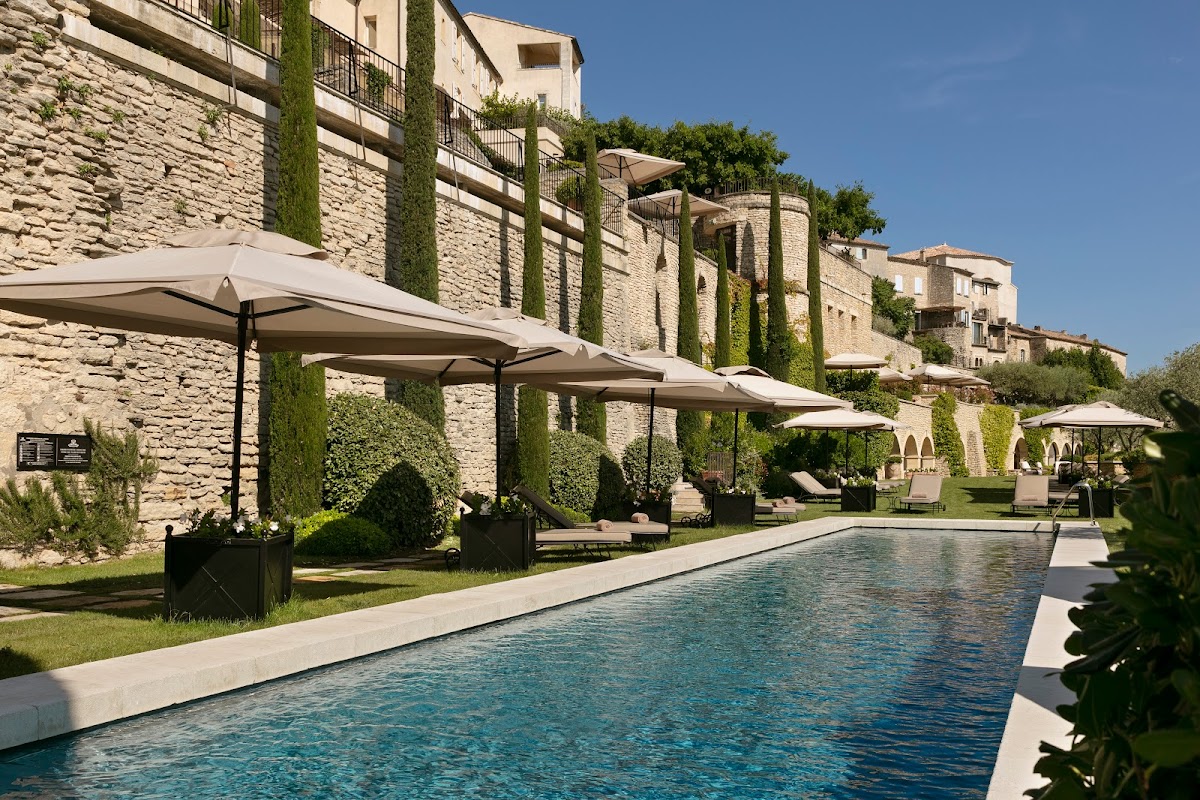 Airelles Gordes, La Bastide — palace-rated 5-star spa hotel built into the 12th-century ramparts of Gordes in Provence, with sweeping Luberon valley views, capacity for 150 guests