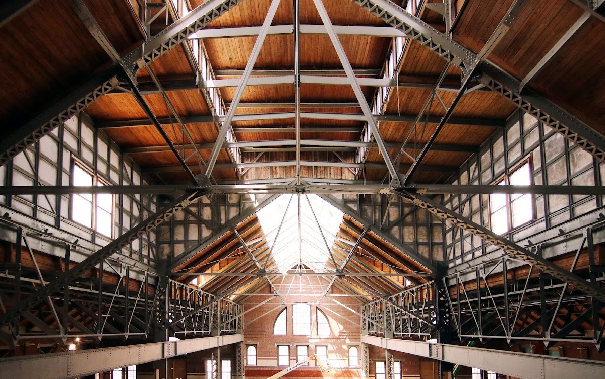 SoWa Power Station, South End — timber trusses and skylights over the main floor of a restored 1891 power station