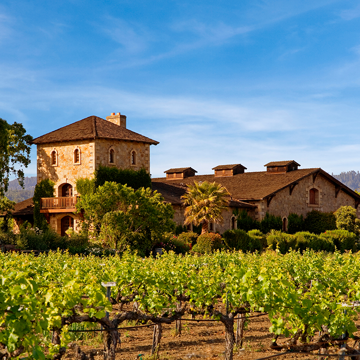 V. Sattui Winery — historic 1885 Tuscan stone tower winery in St. Helena Napa Valley, ivy-covered courtyard, barrel cellar, grandfathered Napa wedding permit, capacity 200