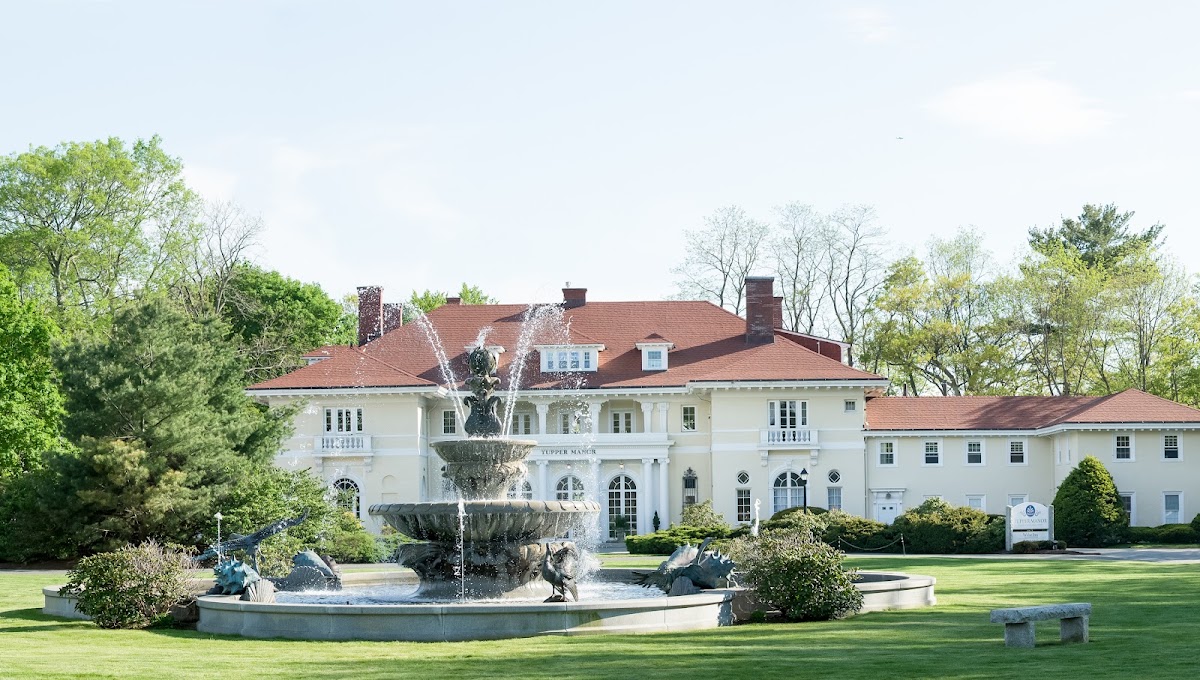 Tupper Manor, Beverly — the white oceanfront mansion and fountain on Endicott College's campus